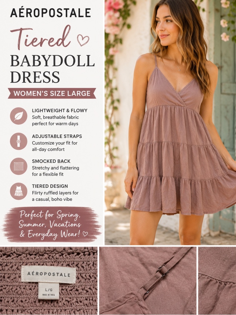 Babydoll Cami Dress Women’s Large Mauve Pink Adjustable Straps Boho Mini Dress